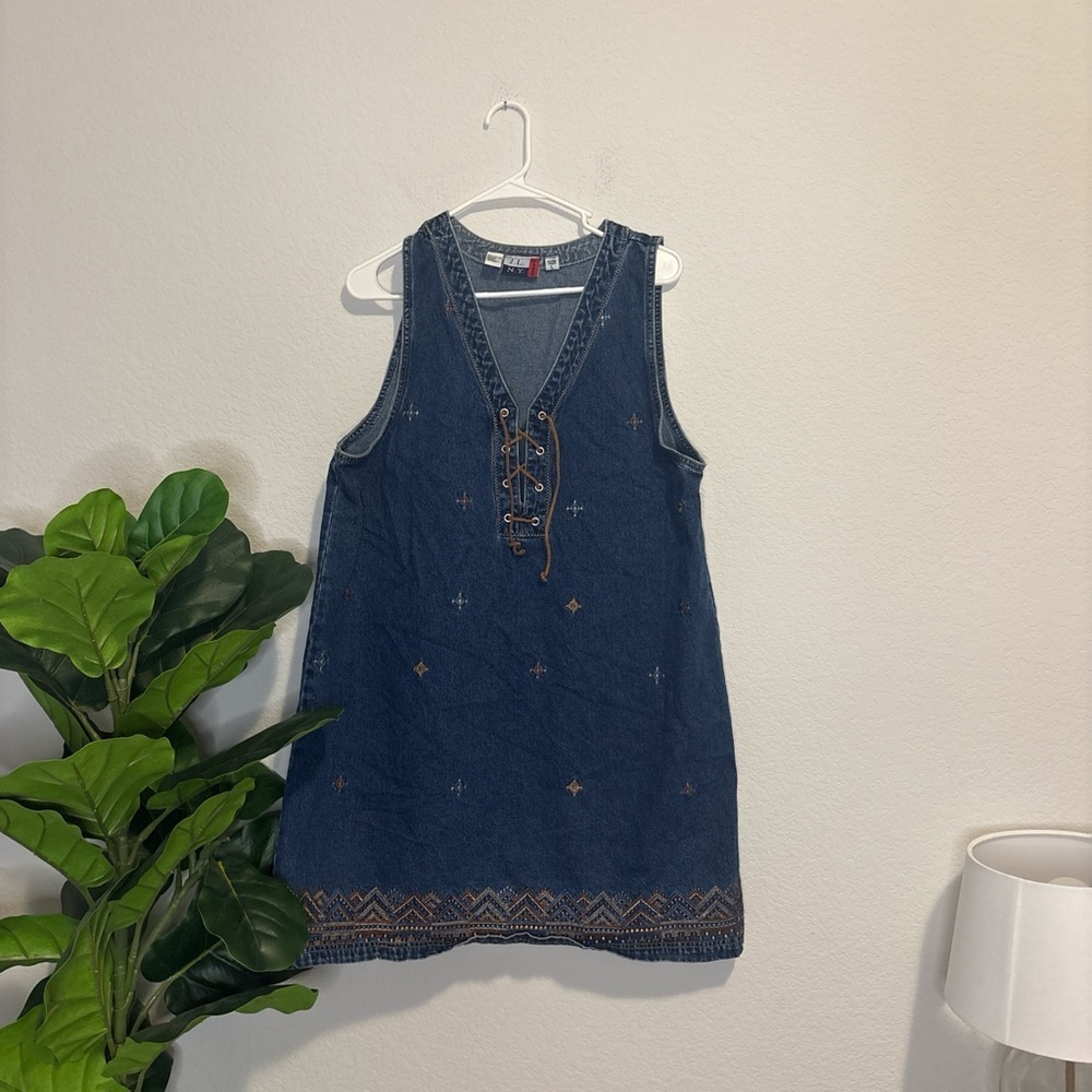 Denim Embroidered Mini Dress with Lace-Up V-Neck